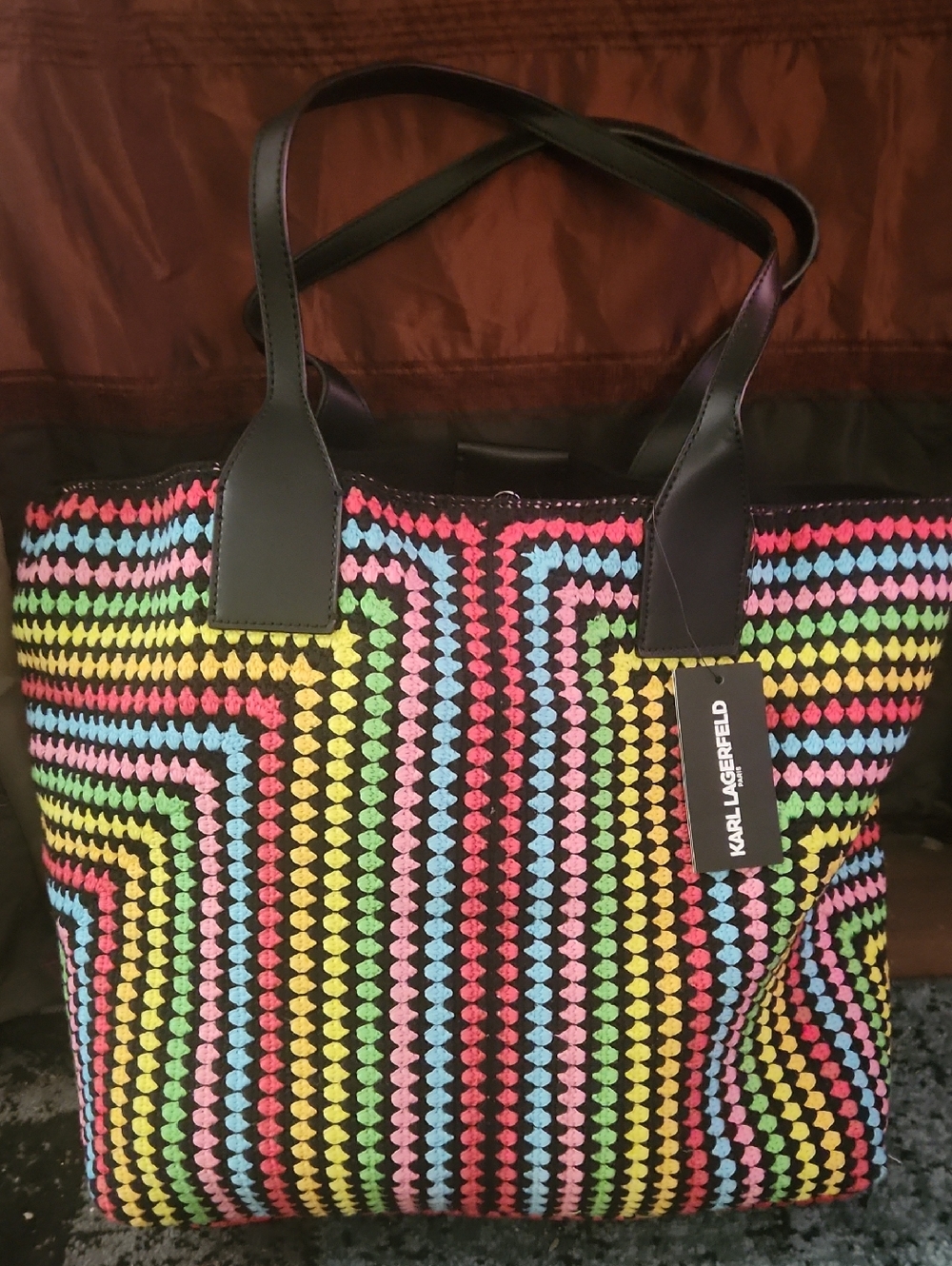 Large Karl Lagerfeld Rainbow Crochet Tote with Black Leather Straps